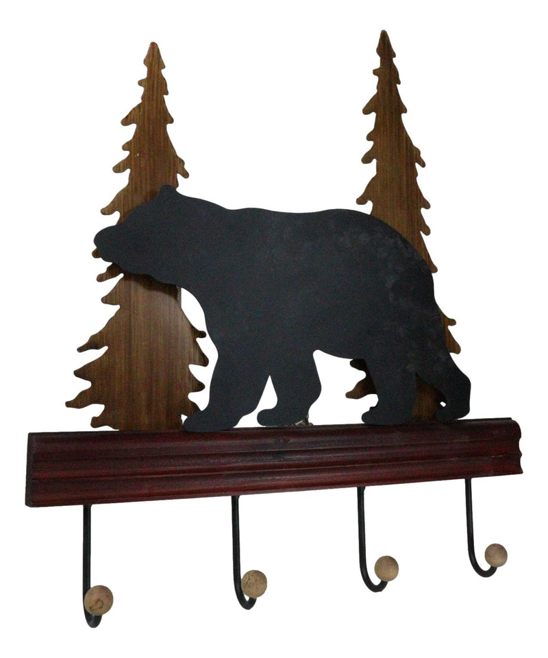 Rustic Western Black Bear Roaming Pine Forest 4 Pegs Wooden Wall Hooks Plaque
