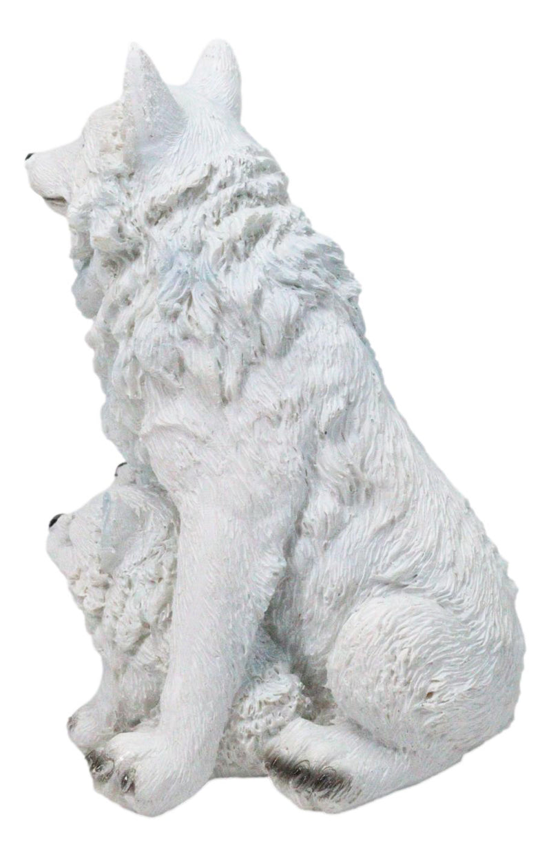 Winter Snow White Wolf Mother Sitting with 3 Adorable Cubs Family Figurine Decor