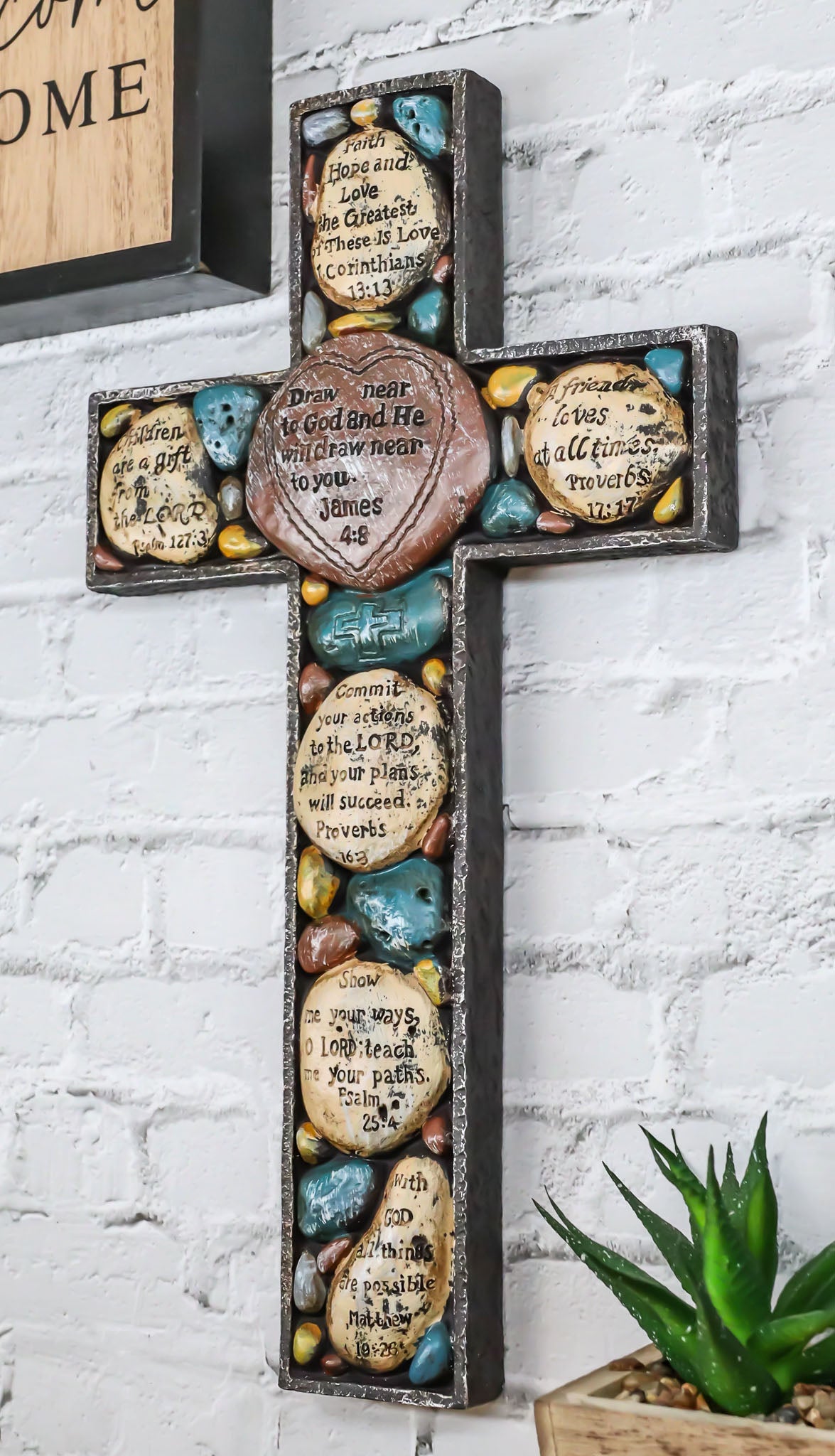 Rustic Western Colorful Pebbles With Bible Scriptures Faith Hope Love Wall Cross