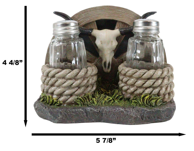 Rustic Western Wagon Wheel Ropes Longhorn Cow Skull Salt Pepper Shakers Holder