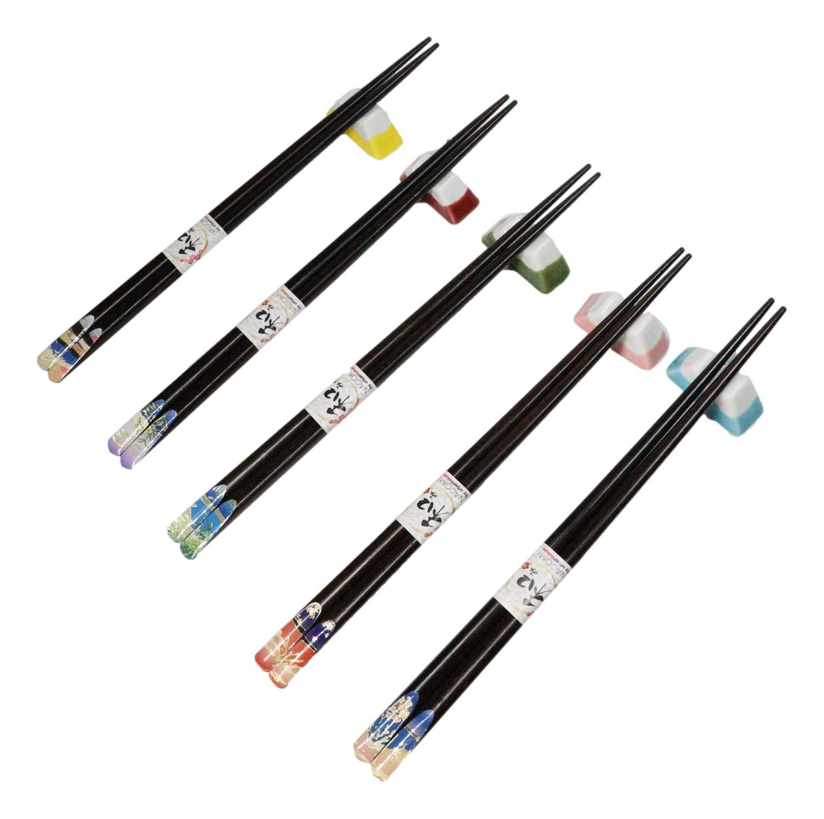 5 Pairs Of Fuji Mountain Miniature Ceramic Rests With Wooden Chopsticks Set