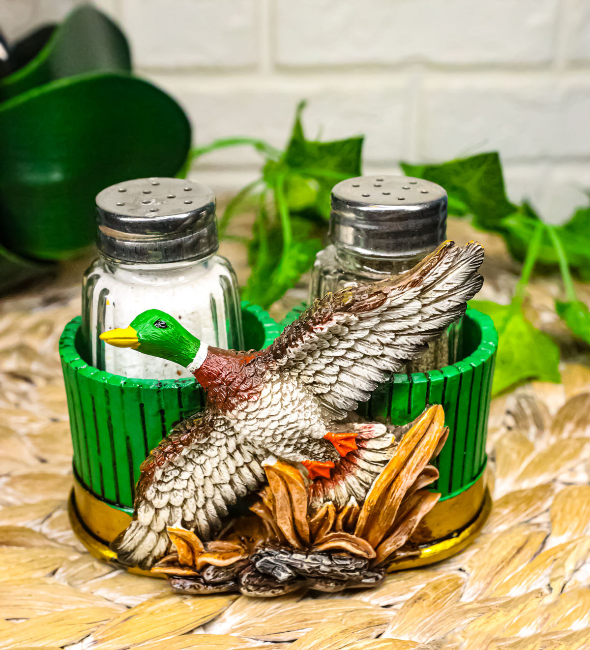 Rustic Western Mallard Duck Meadow Green Shotgun Shells Salt Pepper Shakers Set