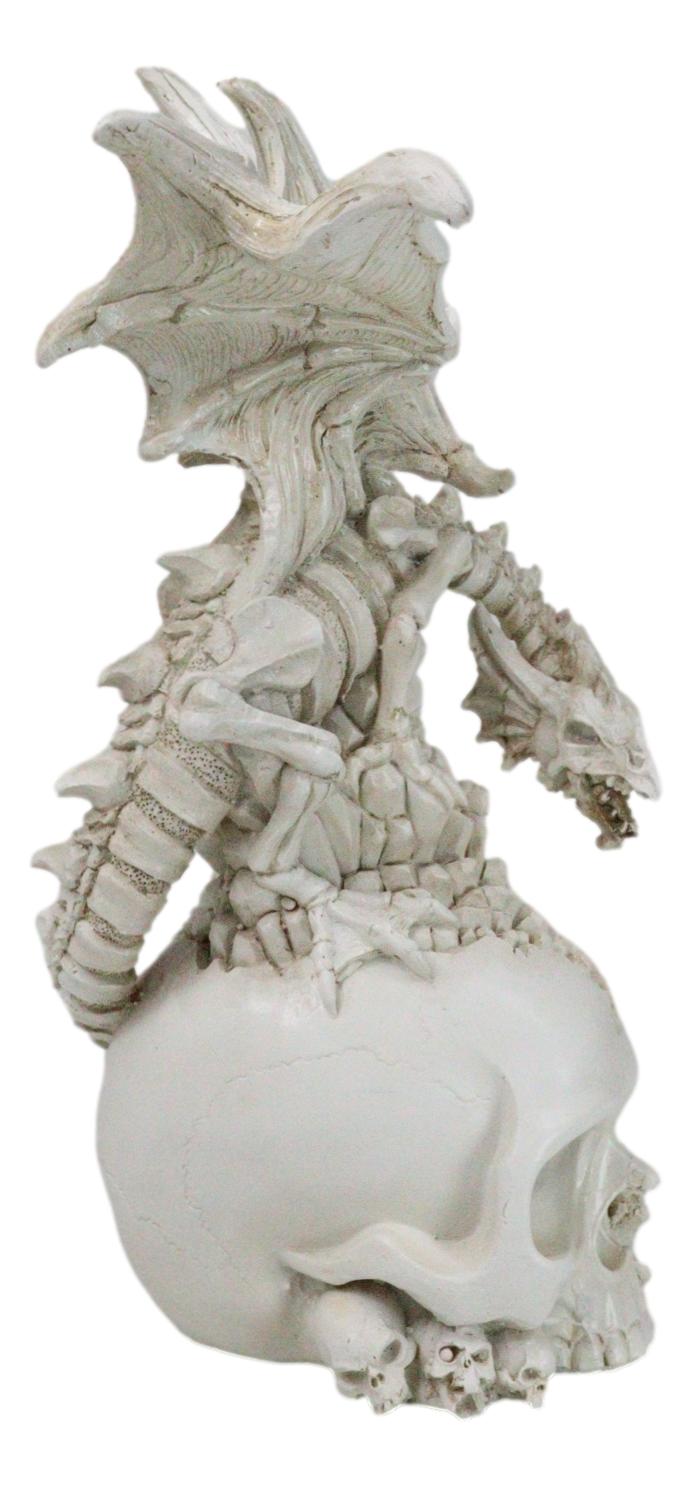 Ossuary Macabre Skeleton Bone Dragon Perching On Gothic White Skull Figurine