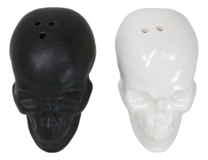 Matte Black And White Sugar Skulls Salt And Pepper Shakers Set Ceramic - Ebros Gift