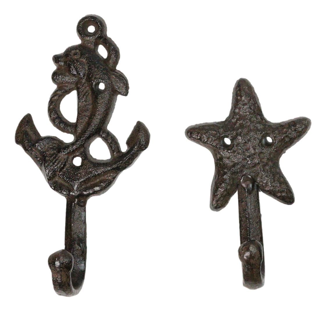 Pack of 6 Cast Iron Marine Sea Horse Anchor Lighthouse Starfish Shell Wall Hooks