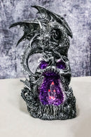 Silver Gothic Dragon On Oversized Skull with Faux Geode Crystal LED Figurine