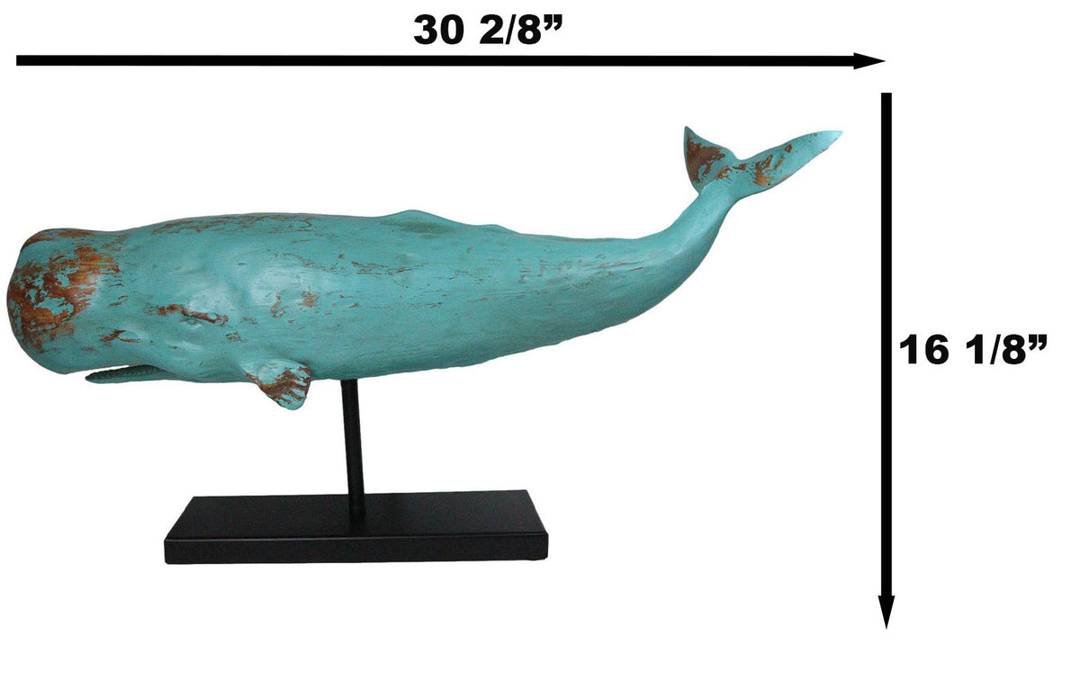 Abstract Art Blue Sperm Whale Fish Faux Distressed Wood Sculpture On Stand 30"L