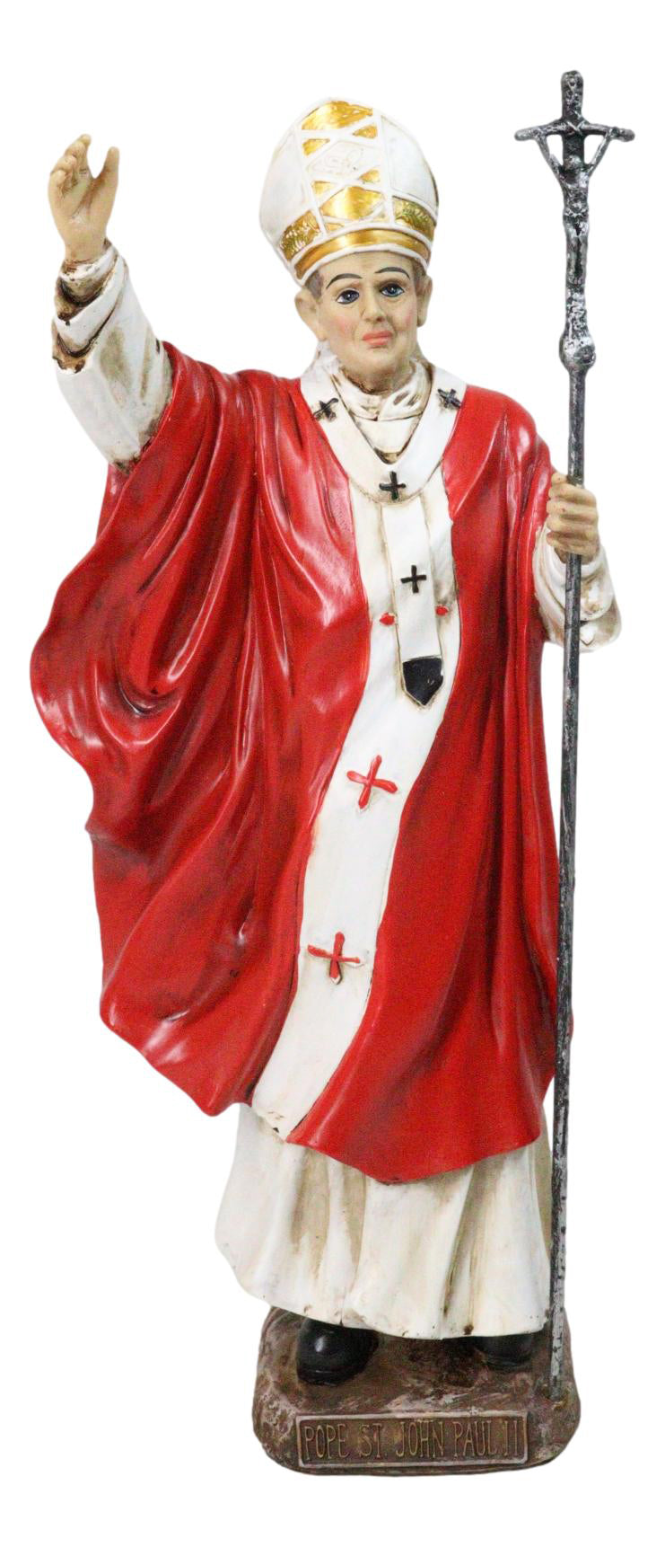 Venerable Pontiff Pope Saint John Paul II Holding Papal Ferula Crucifix Figurine