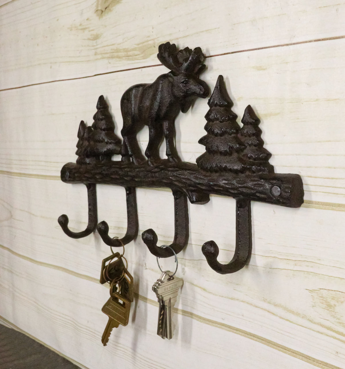 Cast Iron Rustic Western Elk Moose Deer Roaming Pine Woodlands 4-Peg Wall Hooks