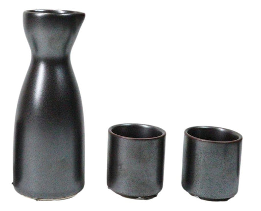 Porcelain Black Iron Clay Tetsu Kesho Japanese Wine Sake Flask With 2 Cups Set