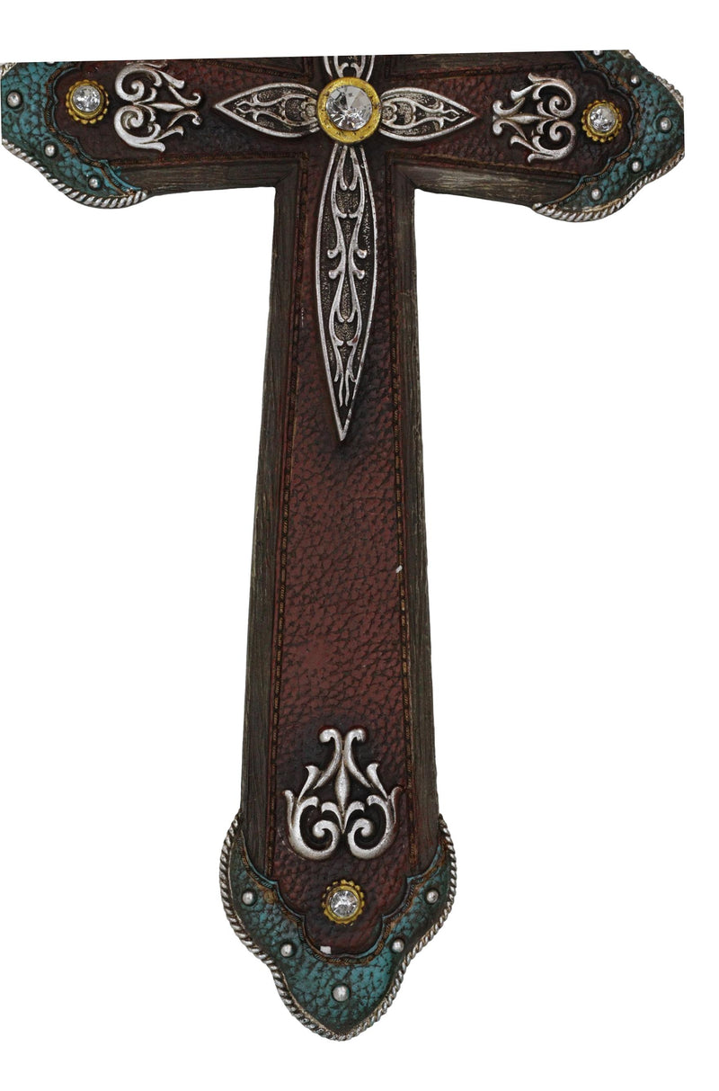 Rustic Western Cowboy Diamond Teardrop Crystals Tooled Leather Wall Cross Plaque