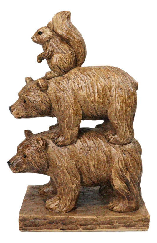 Forest Black Bears & Squirrel Totem Figurine Faux Wood Stacked Woodland Animals