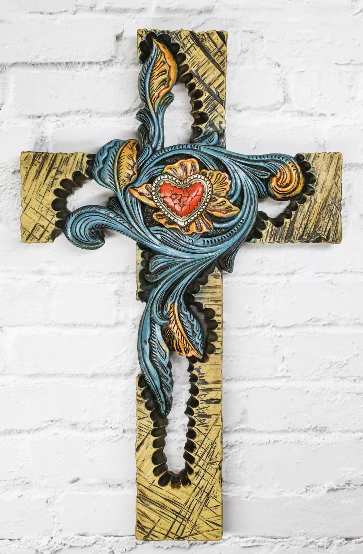 Rustic Southwest Faux Wooden Turquoise Flowers And Red Heart Wall Cross Cutout