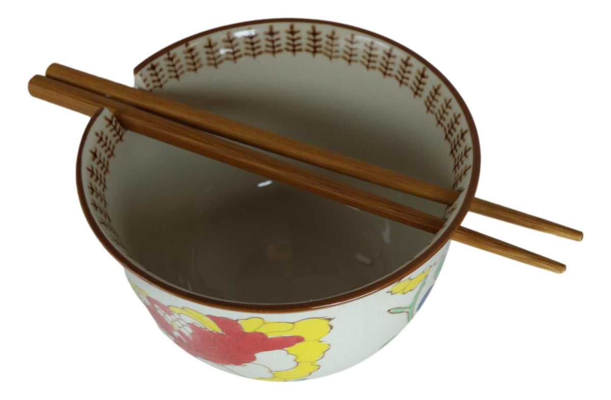 Pack Of 2 Ceramic Ramen Donburi Noodles Bowl & Chopsticks Set Spring Flower Bloom