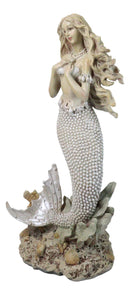 Marine Vintaged Pearly White Ariel Mermaid Sitting On Sea Rock Figurine 16" H