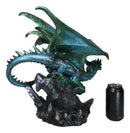 Large Aquamarine Iridescent Dragon Guarding LED Faux Crystal Geode Rock Figurine