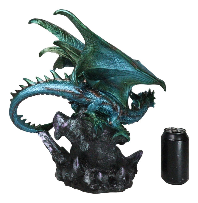 Large Aquamarine Iridescent Dragon Guarding LED Faux Crystal Geode Rock Figurine