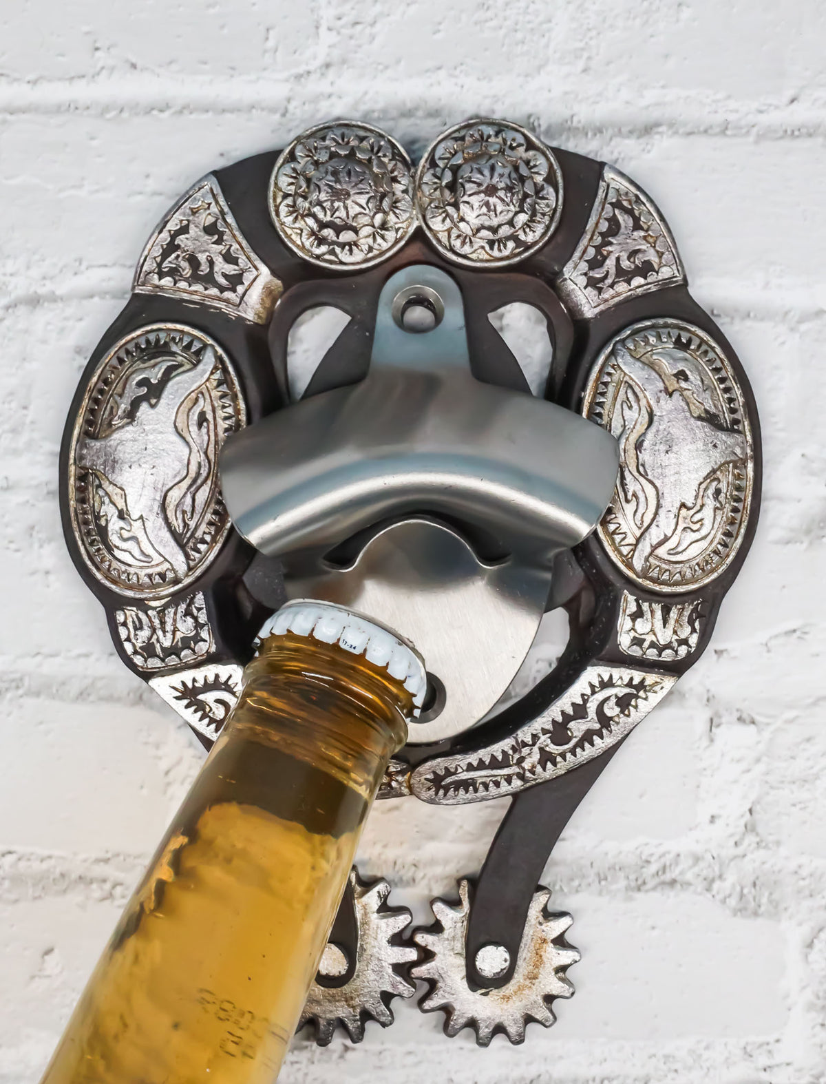 Rustic Western Cowboy Boot Spur With Silver Longhorn Conchos Wall Bottle Opener