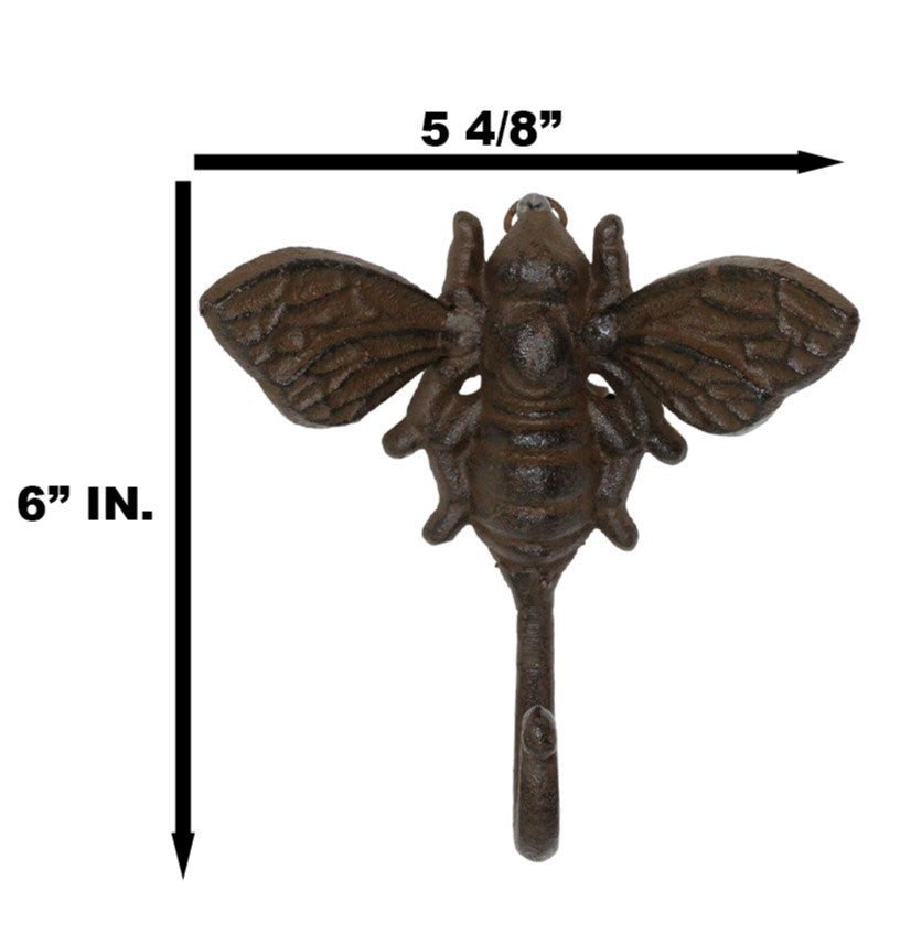 Set Of 2 Rustic Cast Iron Cottage Busy Bumblebee Insect Bee Wall Hooks Organizer - Ebros Gift