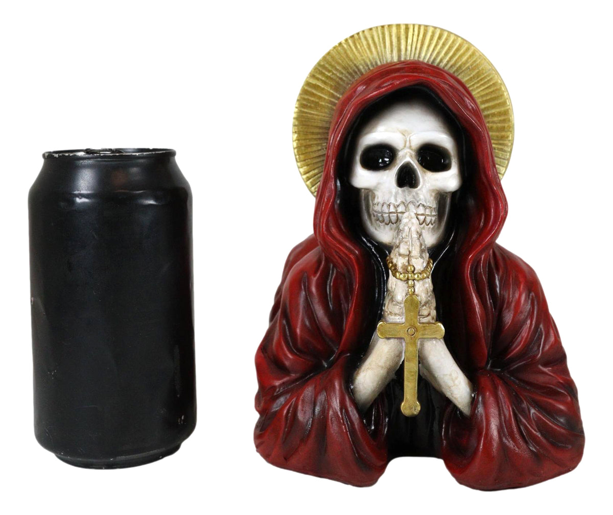 Day of The Dead Gothic Red Santa Muerte With Gold Halo Rosary Cross Bookends Set