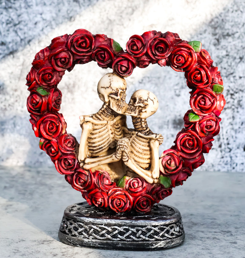 Love Never Dies Roses On Heart Wreath Kissing Skeleton Couple Bronzed Figurine