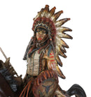 Large Indian Chief With Headdress Feathered Coup Staff Shield On Horse Statue