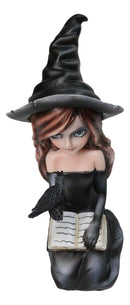 Gothic Pretty Enchantress Witch Holding Spell Book And Black Raven Crow Figurine