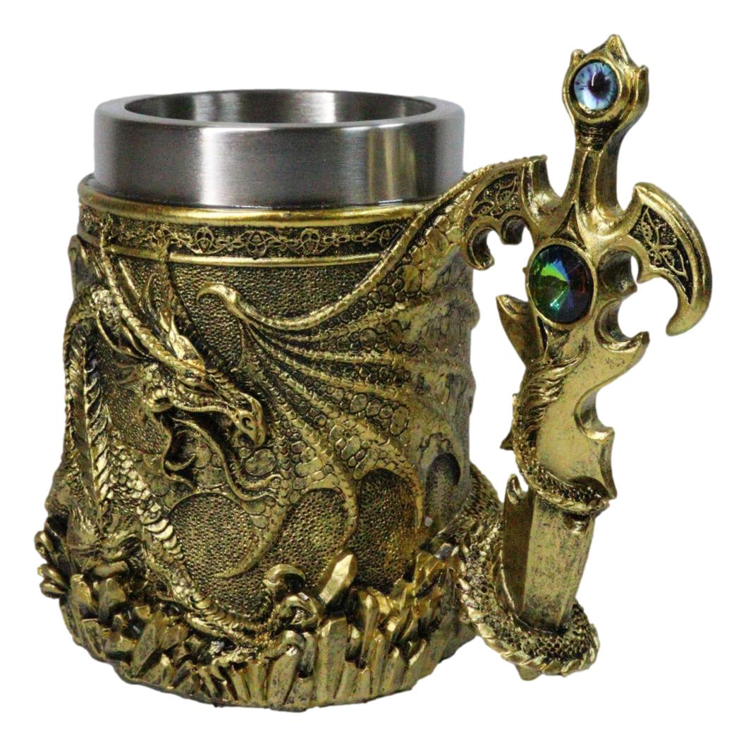 Large Golden Dragon Mug with Jeweled Sword Handle Medieval Fantasy Tankard 20oz