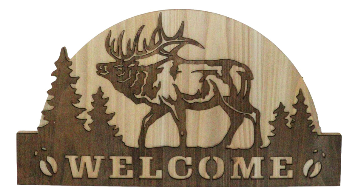 Rustic Western Wapiti Elk Deer By Pine Forest MDF Wood Welcome Wall Decor 17"L