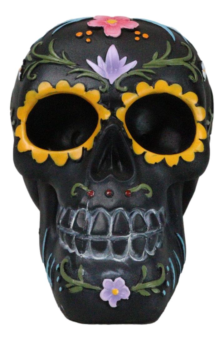 Black Day of The Dead Colorful Sunflowers Floral Blooms Sugar Skull Figurine