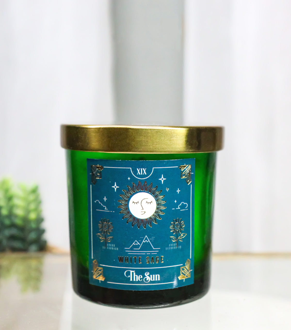 Wicca Witchcraft Mystic Tarot The Sun White Sage Scented Pillar Candle Gold Lid