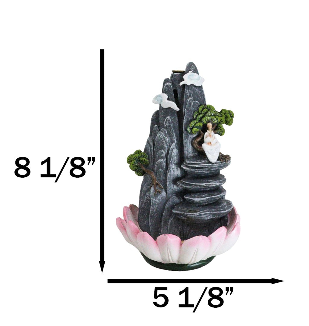 Zen Rocky Mountain Steppes With Monk On Giant Lotus Backflow Cone Incense Holder