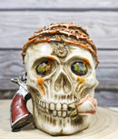Macabre Pirate Captain Skull With Thorns Revolver Gun and Pink Rose Figurine