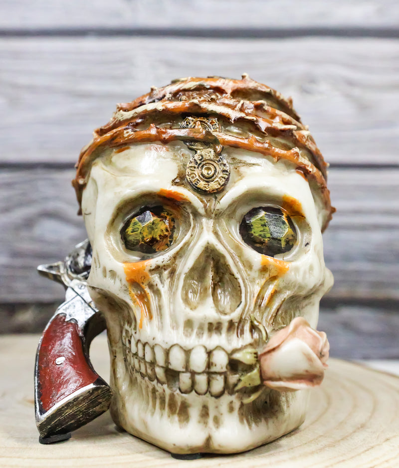 Macabre Pirate Captain Skull With Thorns Revolver Gun and Pink Rose Figurine