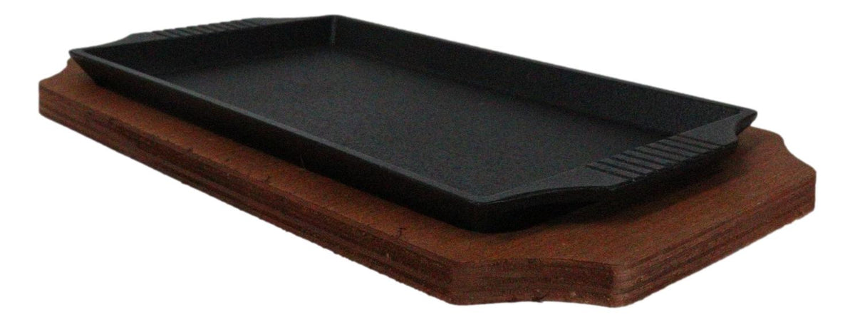 Personal Size Cast Iron Rectangular Fajita Steak Pan Skillet With Wood Trivet - Ebros Gift