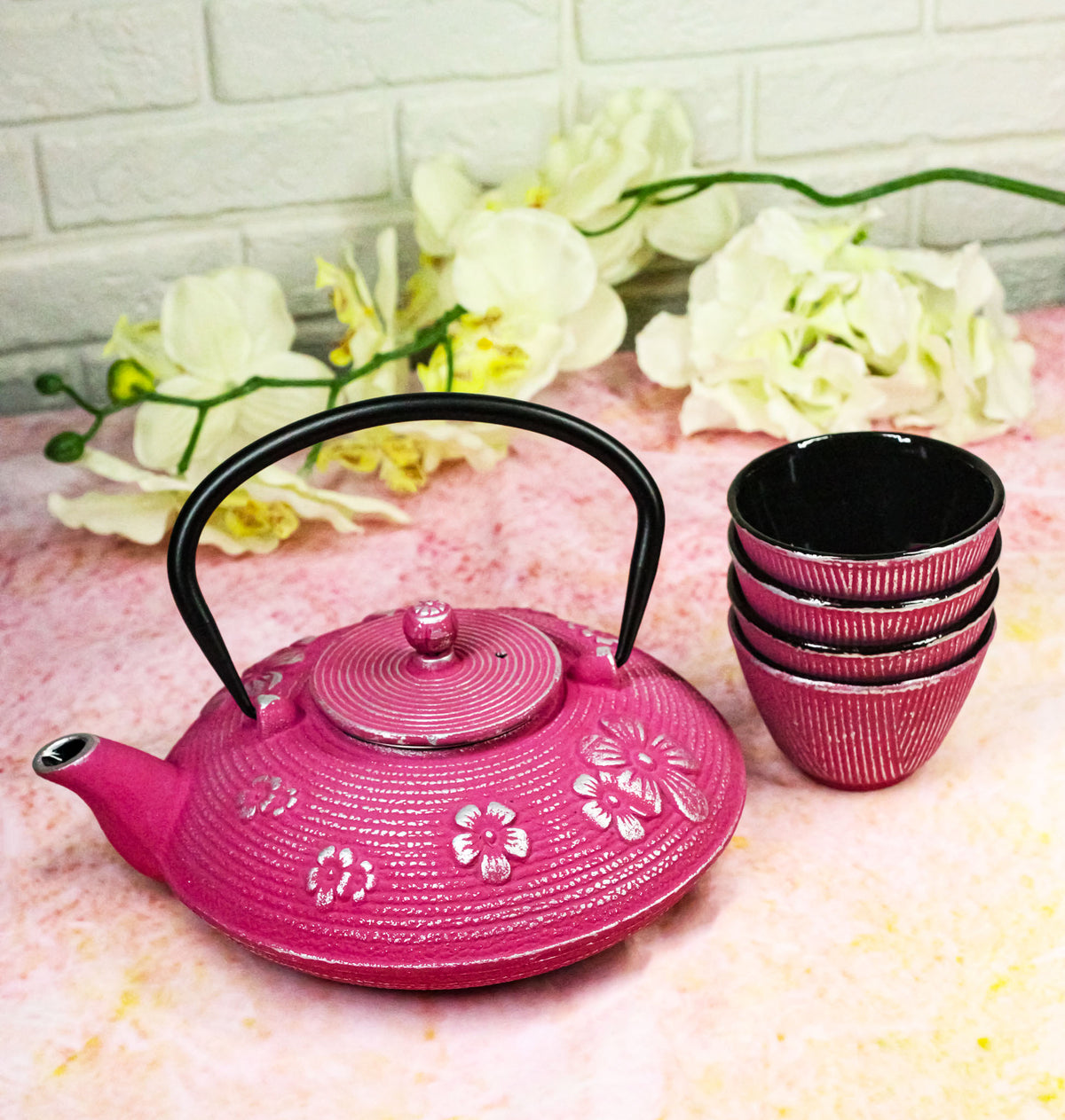 Magenta Ume Plum Floral Blossoms Tetsubin 27oz Cast Iron Tea Pot With 4 Cups Set
