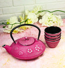 Magenta Ume Plum Floral Blossoms Tetsubin 27oz Cast Iron Tea Pot With 4 Cups Set