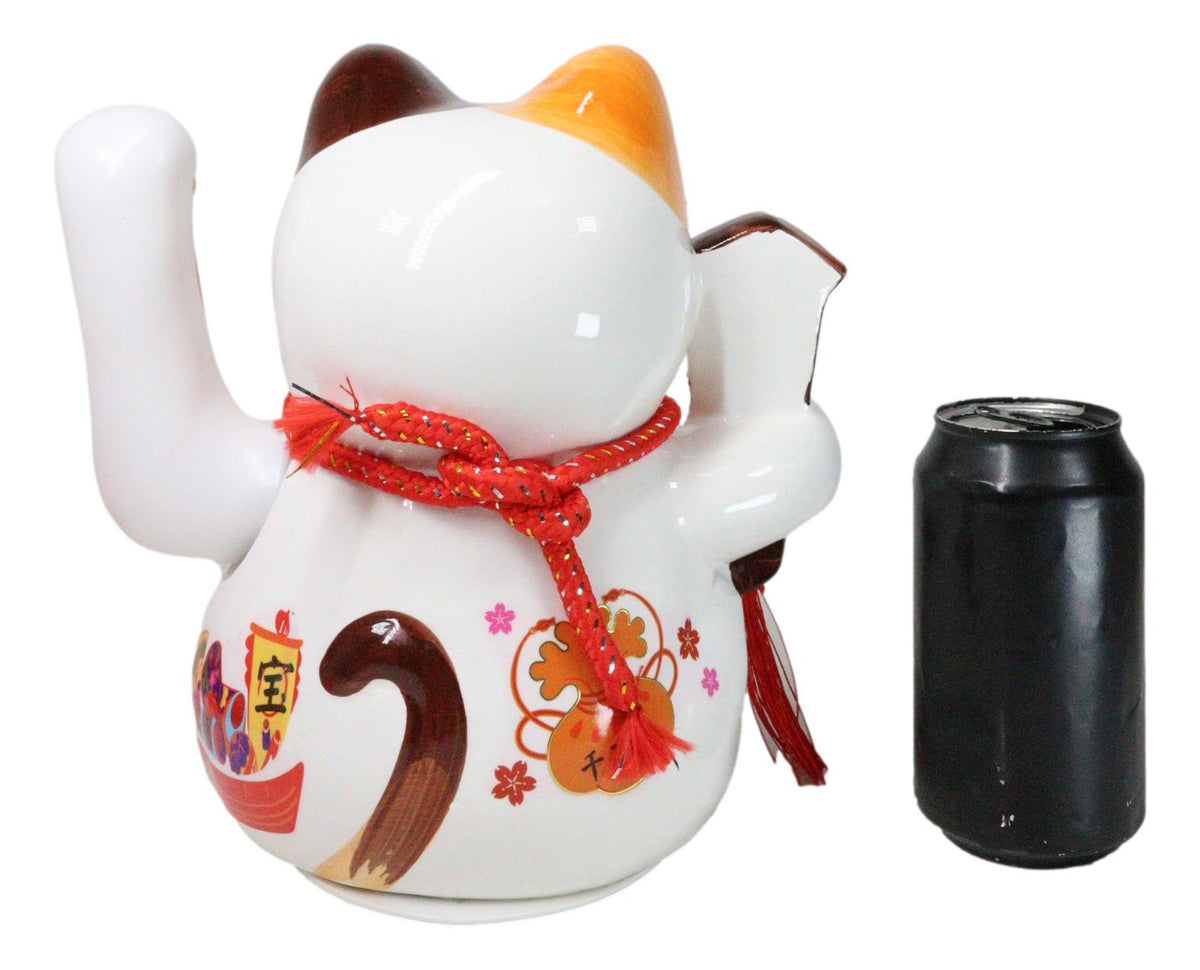 Japanese Lucky Charm White Beckoning Cat Maneki Neko With Waving Arm Figurine 9" - Ebros Gift