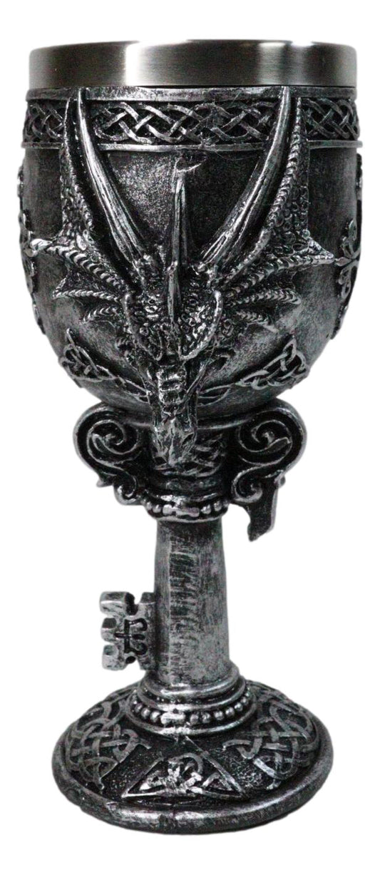 Medieval Gothic Twin Serpentine Dragons Wine Goblet Chalice With Celtic Knotwork