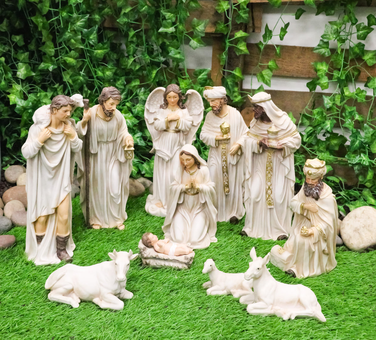 Christmas Nativity Mary Joseph Jesus Wise Men Angel 11pc Figurines Off White 12"