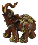 Feng Shui Faux Wood Left Facing Trunk Up Elephant With Golden Tapestry Figurine