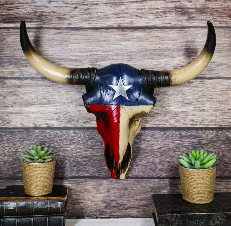 Southwest Longhorn Cow Steer Skull With Texas Lone Star State Flag Plaque