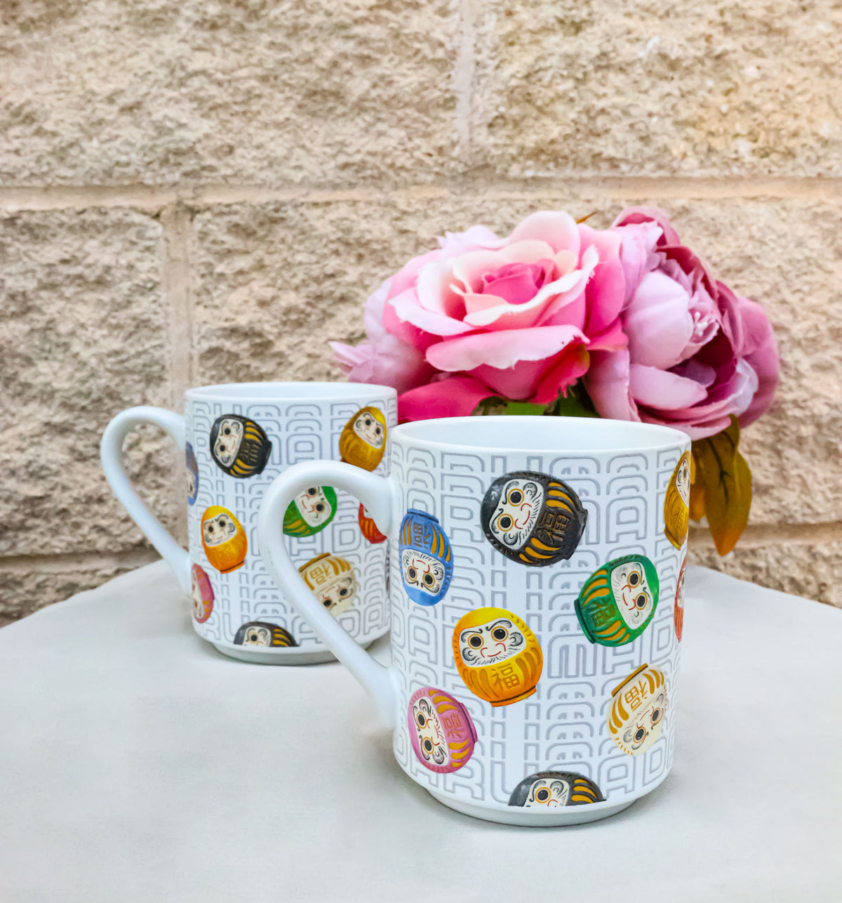Set Of 2 Daruma Talisman Of Luck And Perseverance Textured Ceramic Mug Cups 11oz