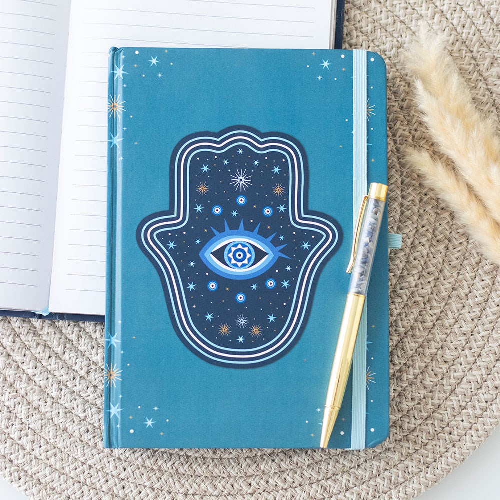 Ebros Gift Hand of Hamsa Evil Eye A5 Notebook Journal with Crystal Pen