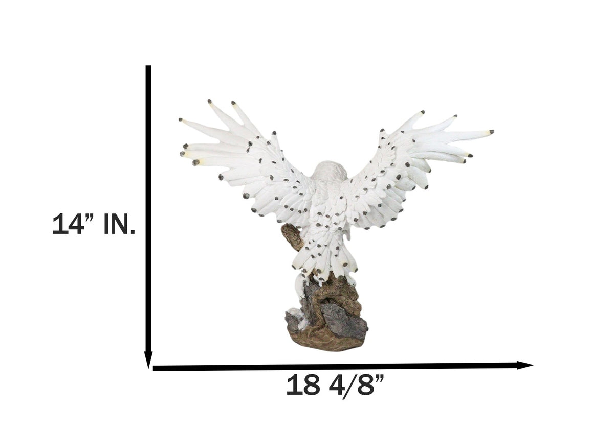 Winter Snowy Owl with Outsretched Wings on Snow-Covered Tree Stump Statue 14"H
