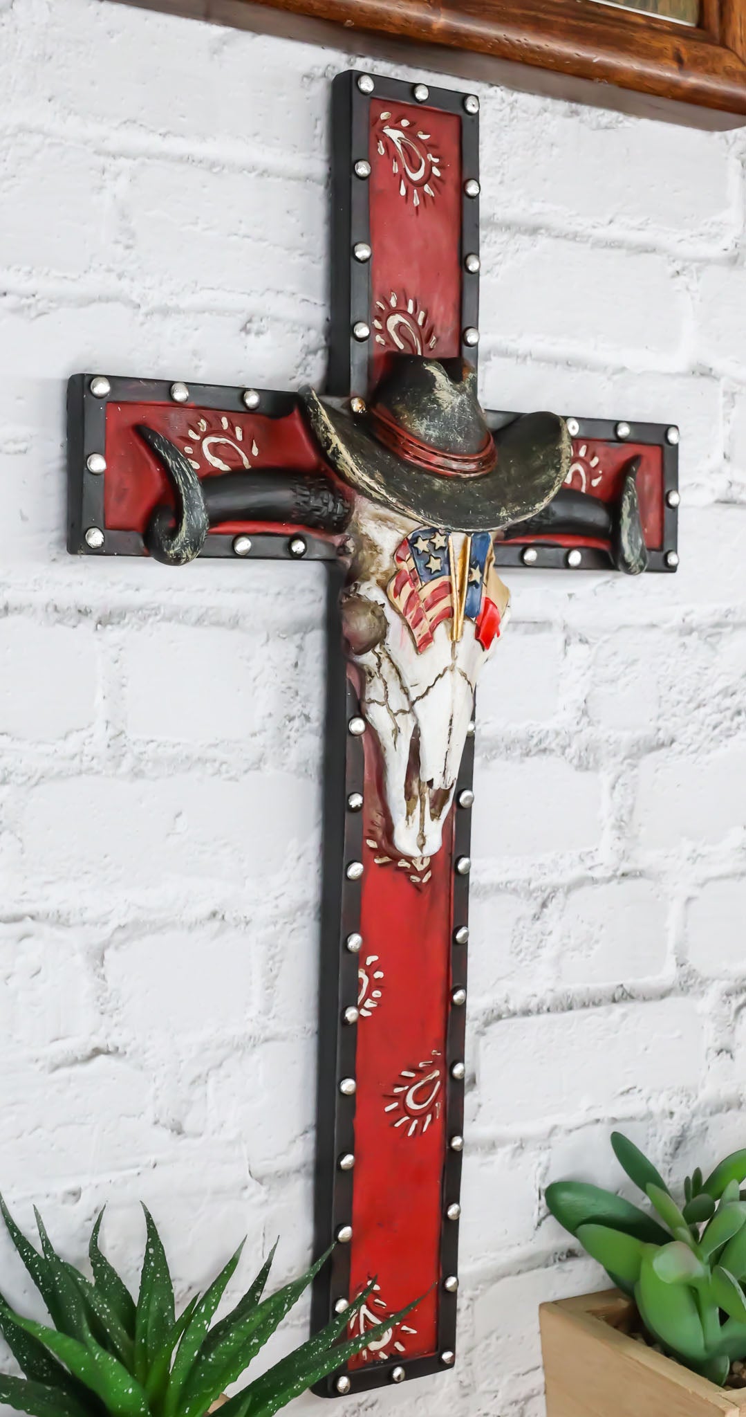 Rustic Western Patriotic Longhorn Cow Skull With USA Texas Flags Hat Wall Cross