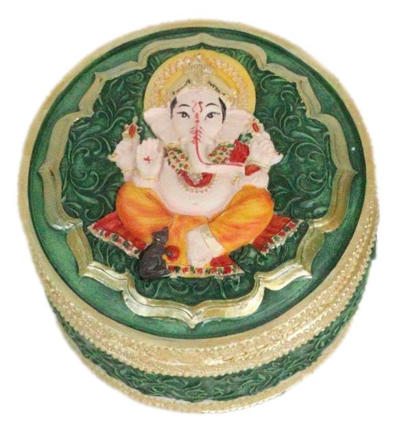 Ganapati Lord Ganesha Mandala Flower And Ohm Sign Decorative Round Trinket Box - Ebros Gift