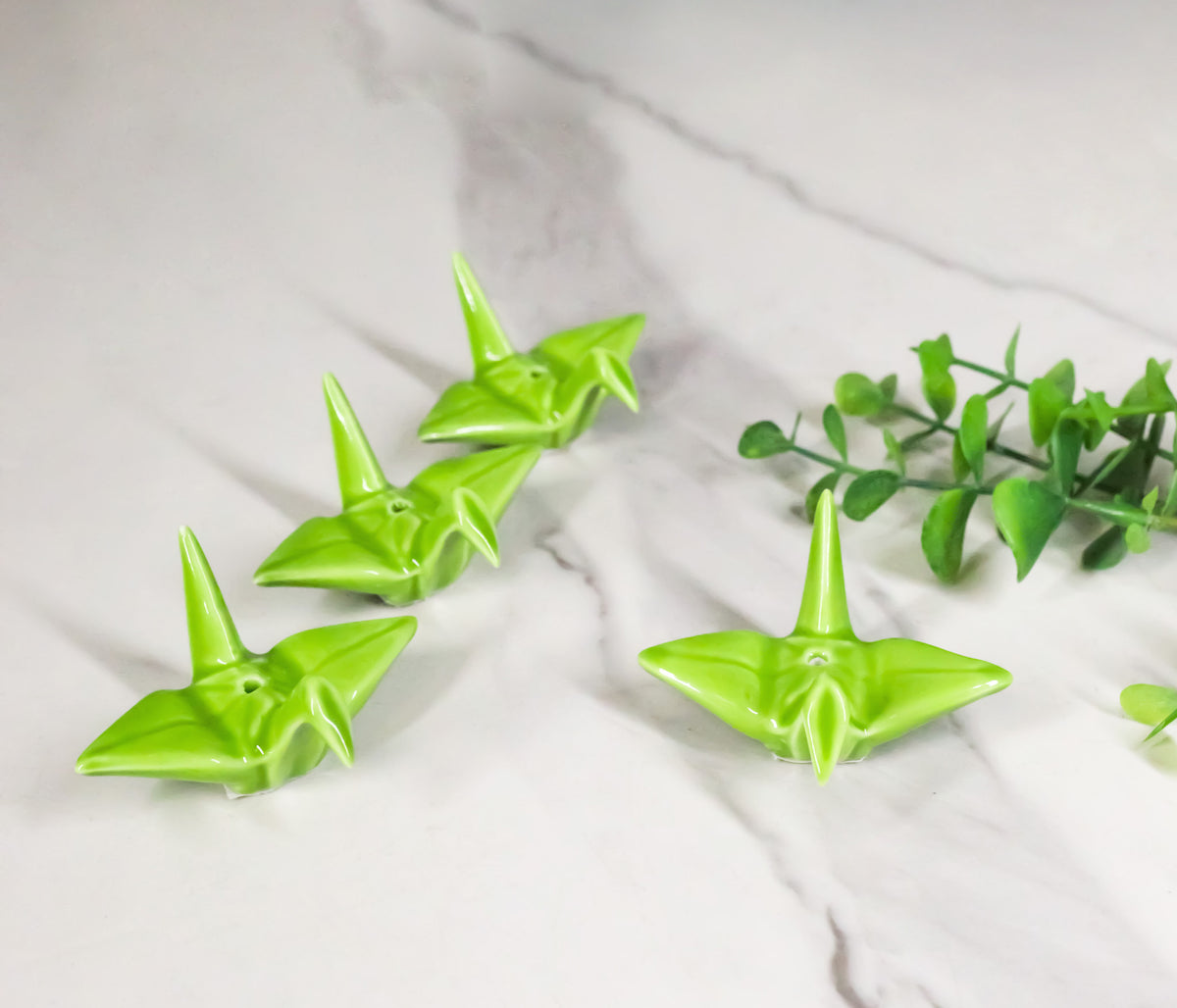 Ebros Set of 4 Ceramic Green Japanese Origami Crane Incense Stick Holders