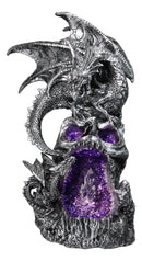 Silver Gothic Dragon On Oversized Skull with Faux Geode Crystal LED Figurine