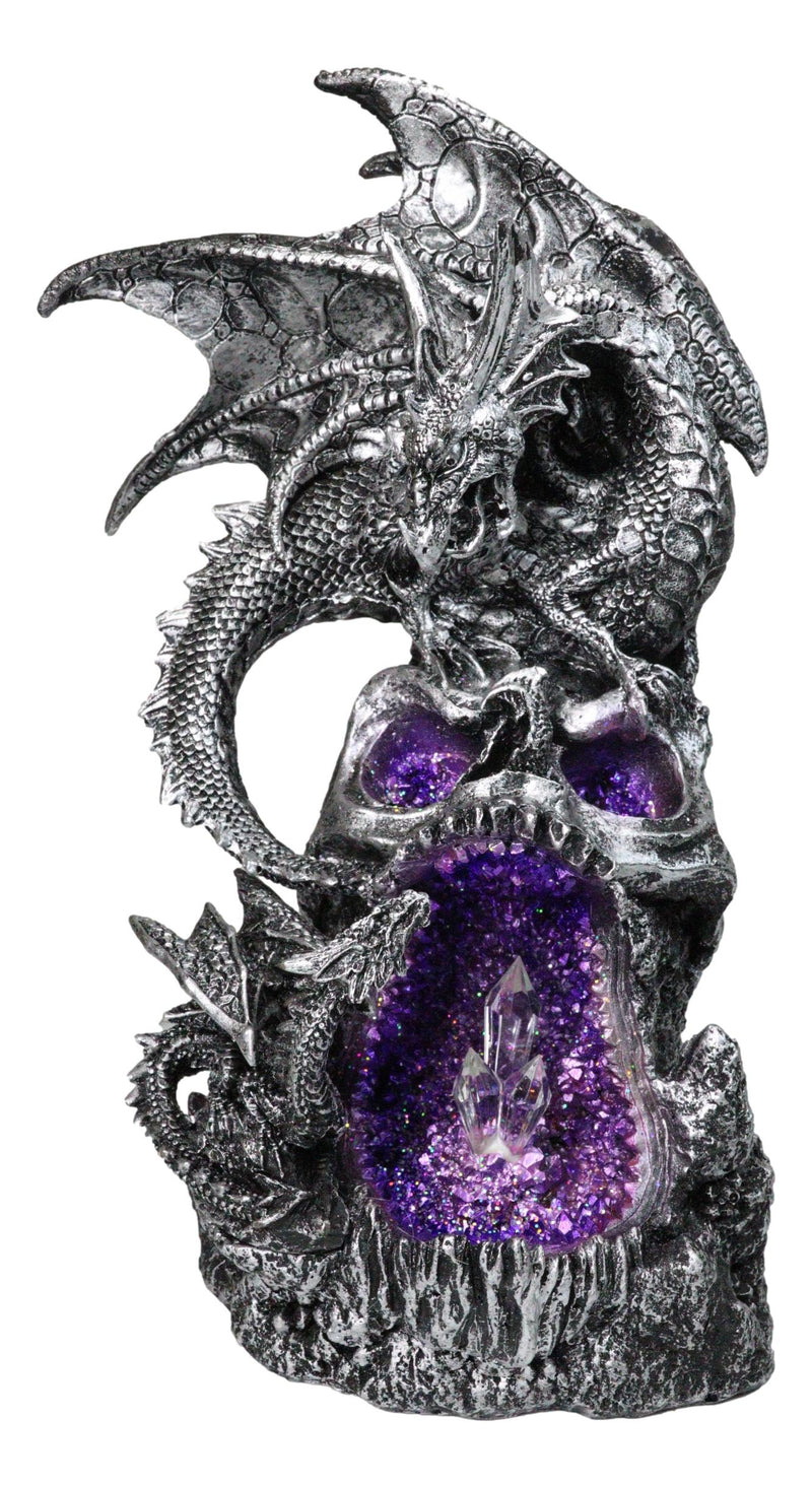 Silver Gothic Dragon On Oversized Skull with Faux Geode Crystal LED Figurine